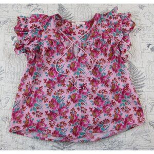 EUC Love the Label Reina Ruffle Sleeve Pink Floral Blouse Khaleesi Raspberry S